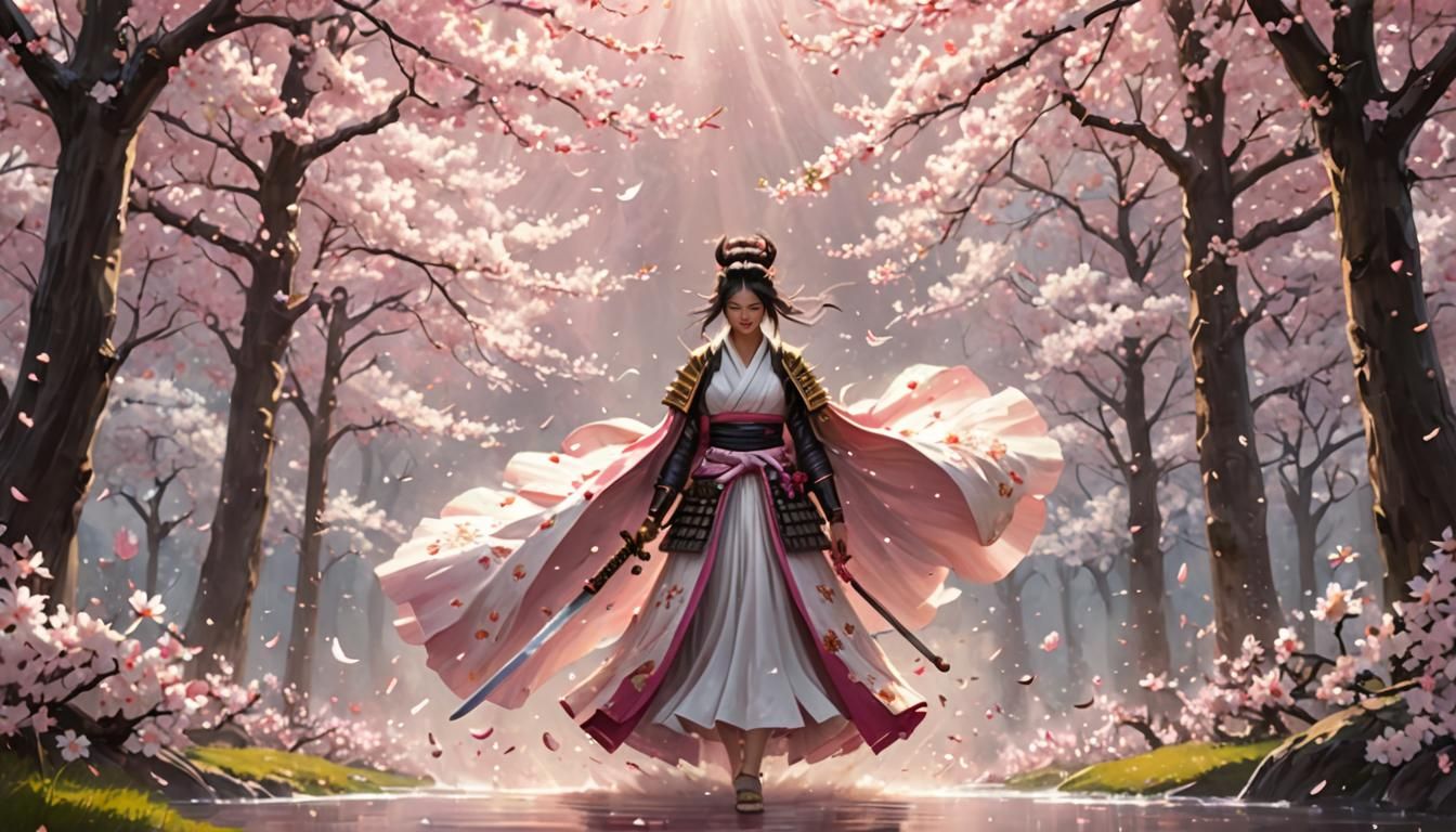 Cherry Blossom Samurai in Ethereal Anime Style