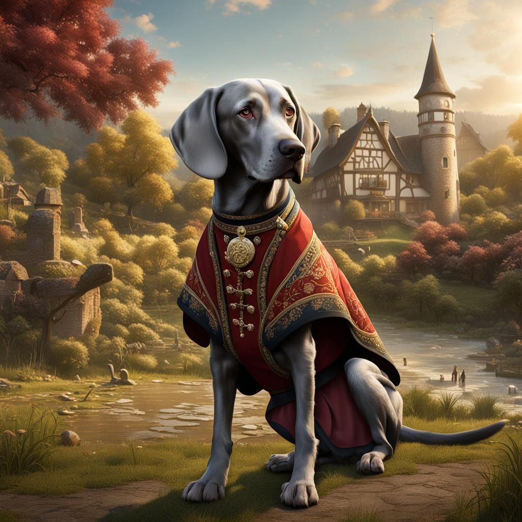 Weimaraner Dog in Dirndl: Fantasy Concept Art