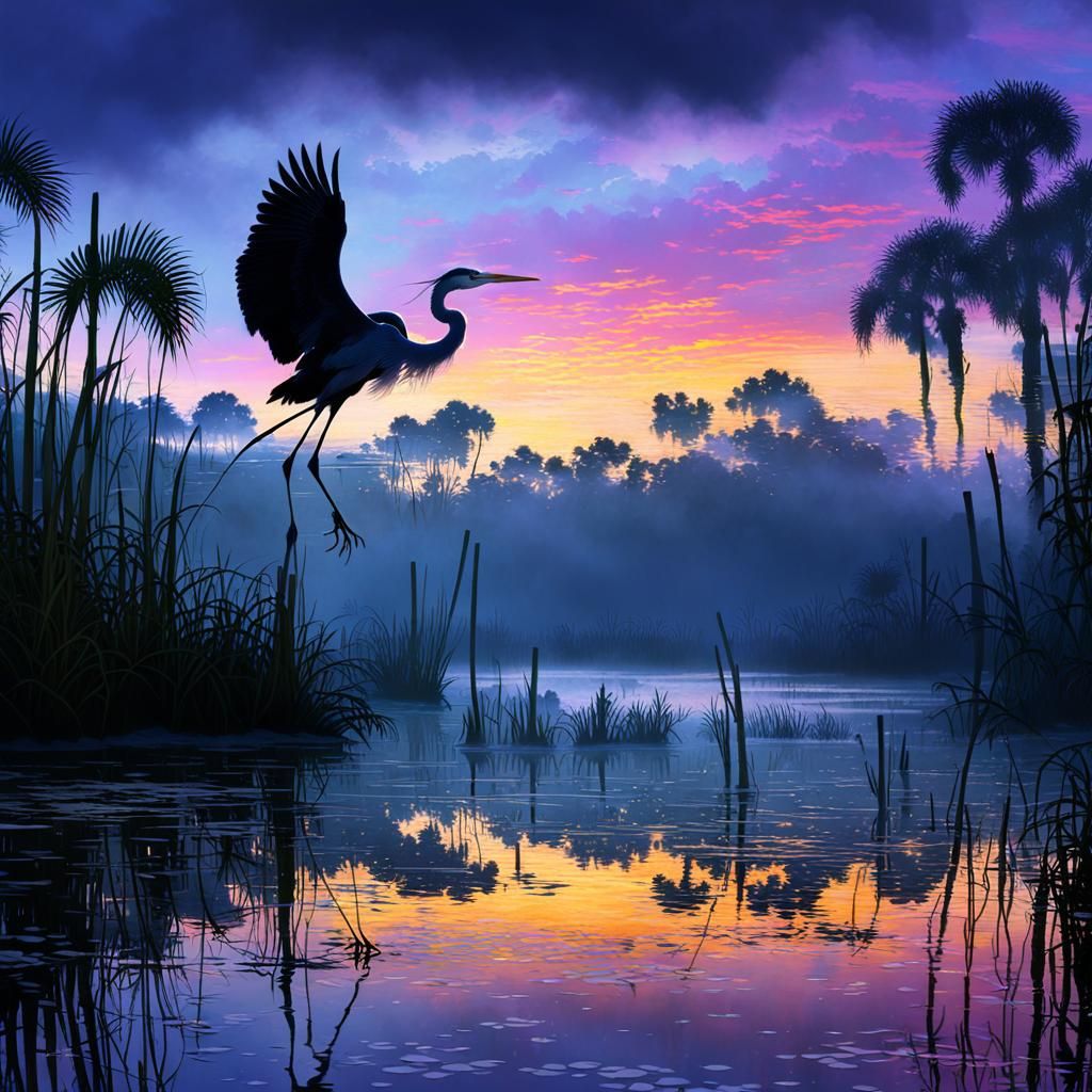 Heron Silhouette in Everglades, Ethereal Fantasy Art