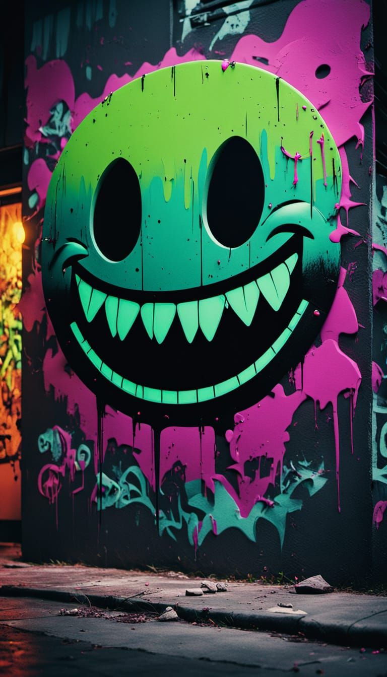 Menacing Smiley Face Logo Radiates Neon Hues in Dark Urban B...