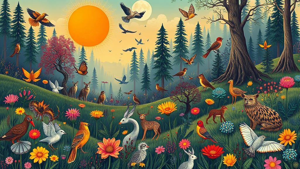 Mystical Meadow Landscape with Angels and Wildlife
