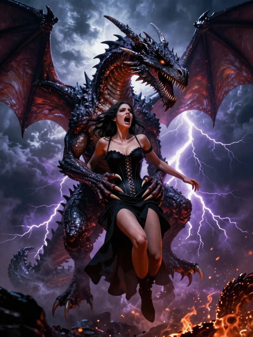 Dark Fantasy Art: Woman Abducted by Dragon in Storm