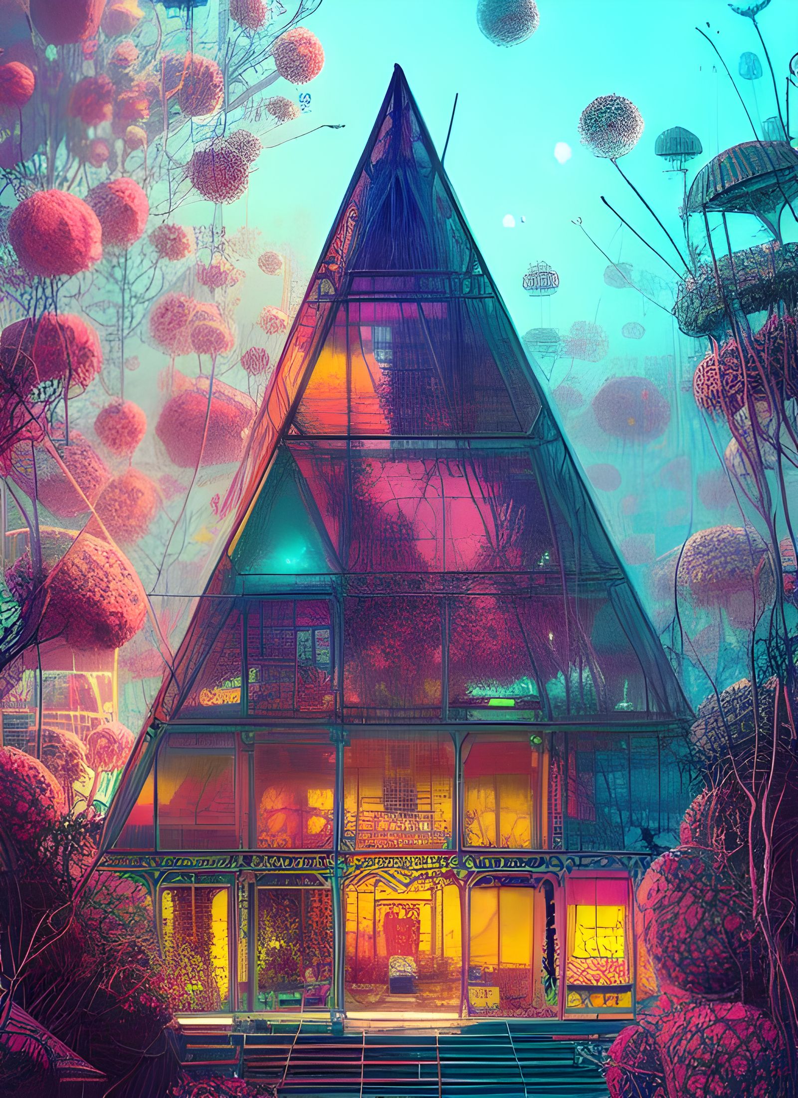 Neon Flowers Engulf Glass Pyramid House, Hyperrealistic Art