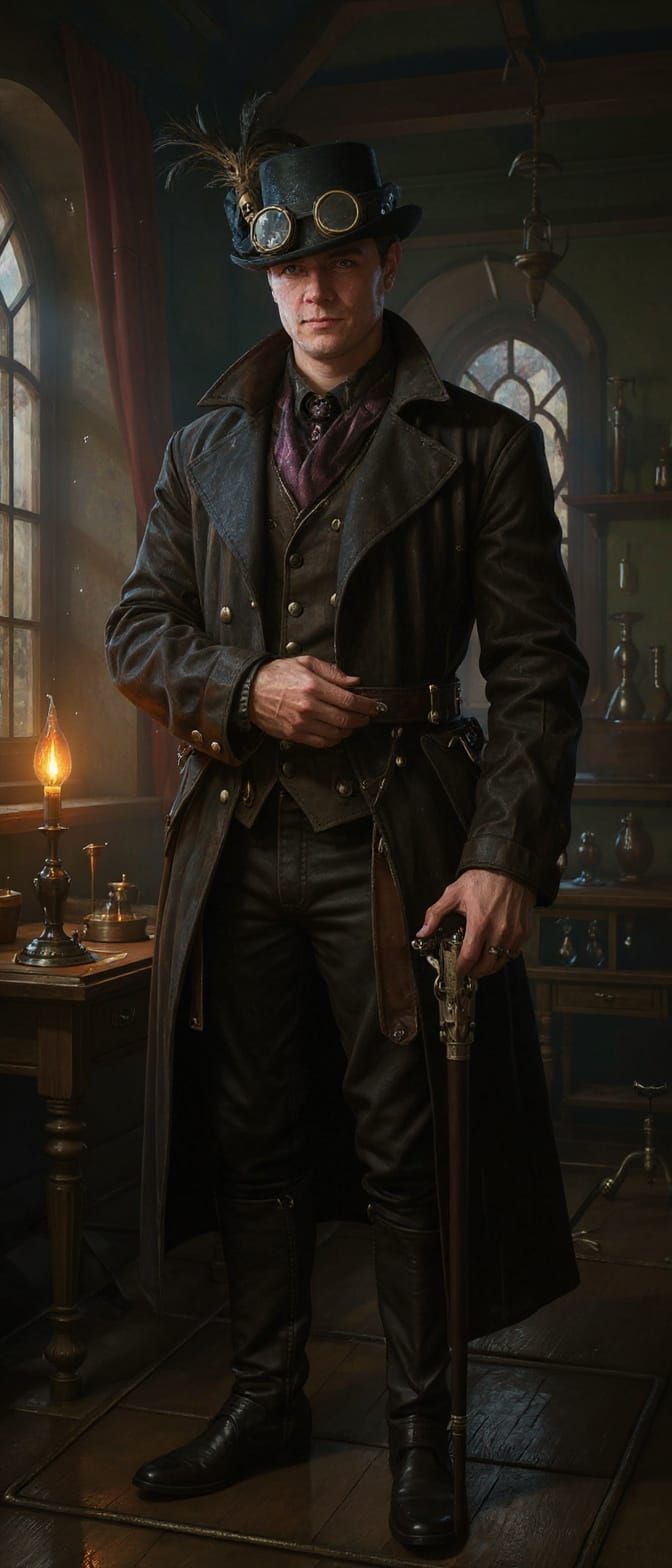 Steampunk Artificer in Laboratory, Dark Fantasy Concept