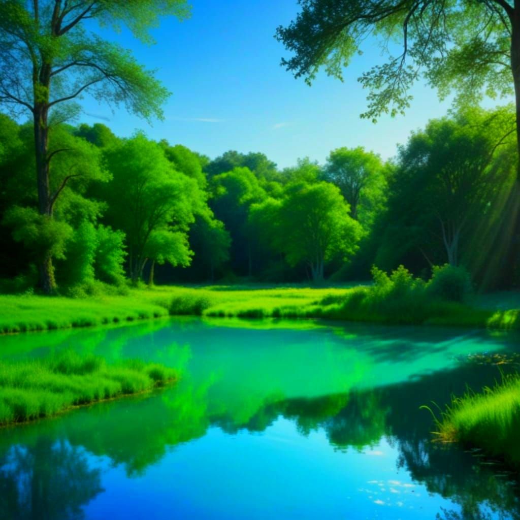 Hyperrealist Art Nouveau Meadow in Green and Blue