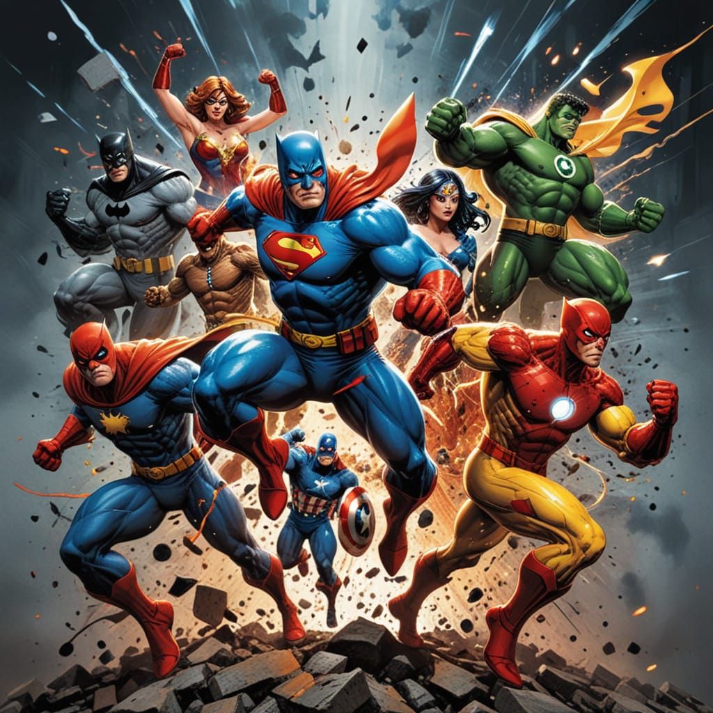 Comic Book Superheroes in Mid-Action