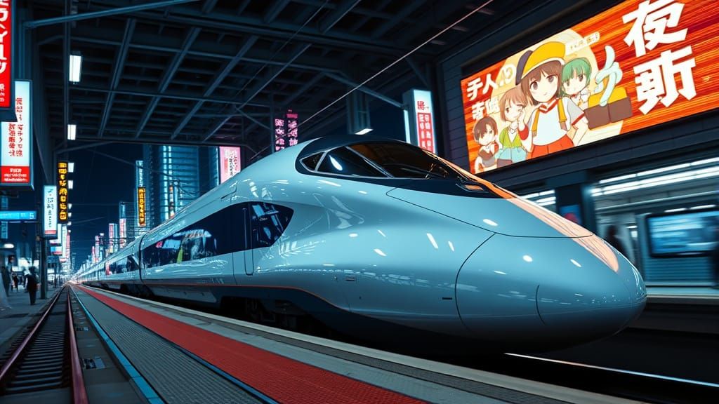 “A sleek and futuristic Shinkansen Nozomi bullet train speeds through a bustling Tokyo train station at night. The train...