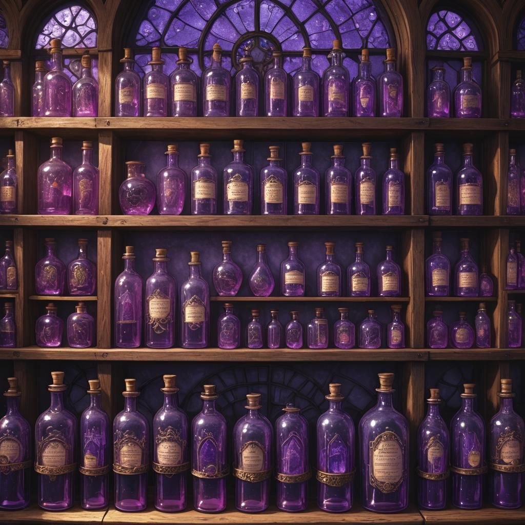 Mystical Apothecary Shelf with Purple Bottles