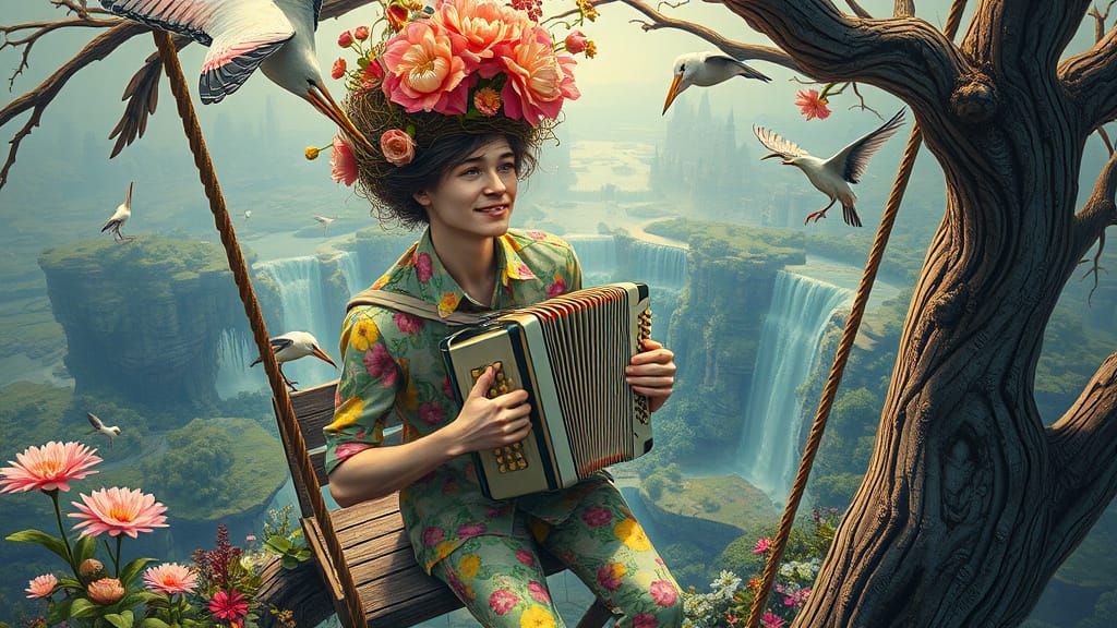 Psychedelic Accordionist in Surreal Geometric Utopia