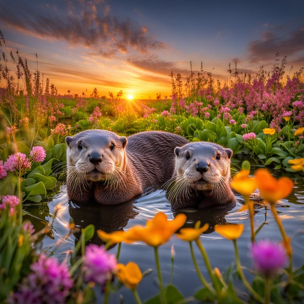 Otters in Floral Pond at Sunset in HD