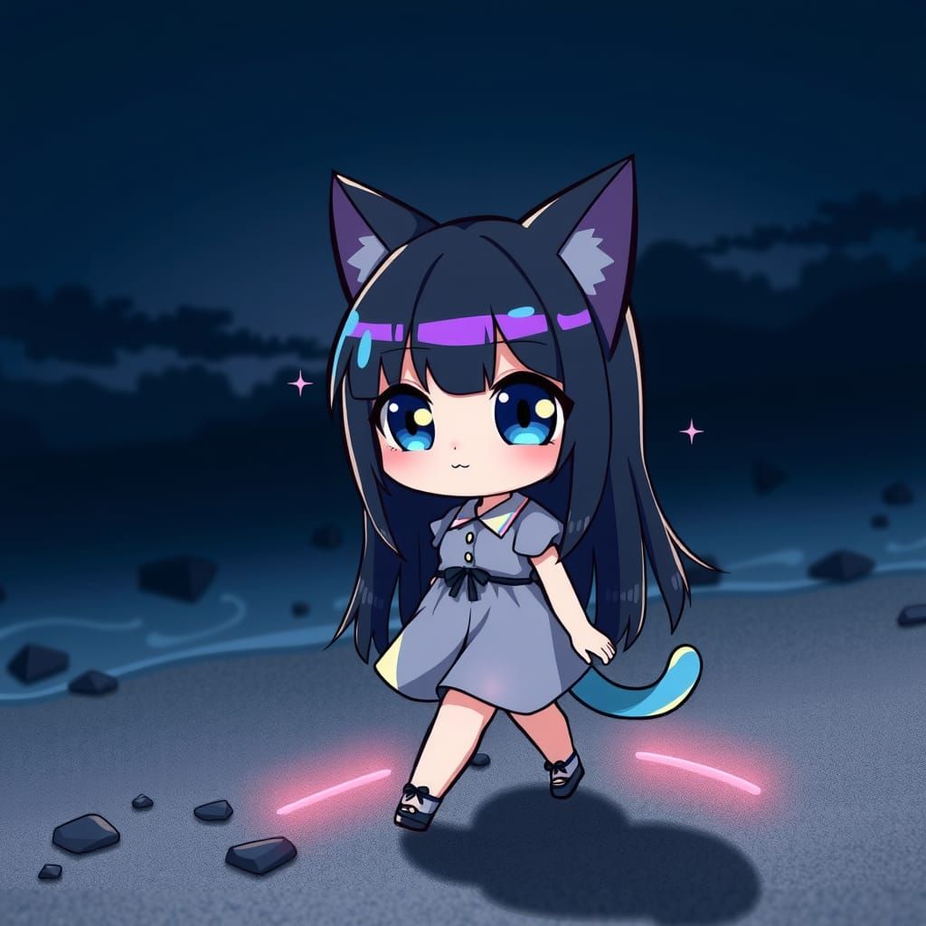 Chibi Catgirl Walks on Beach at Night