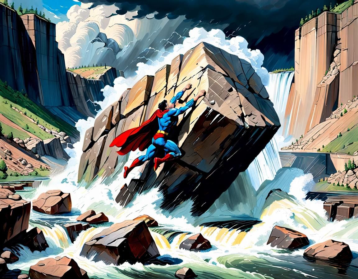 Superman Blocks Canyon in Impressionistic Style