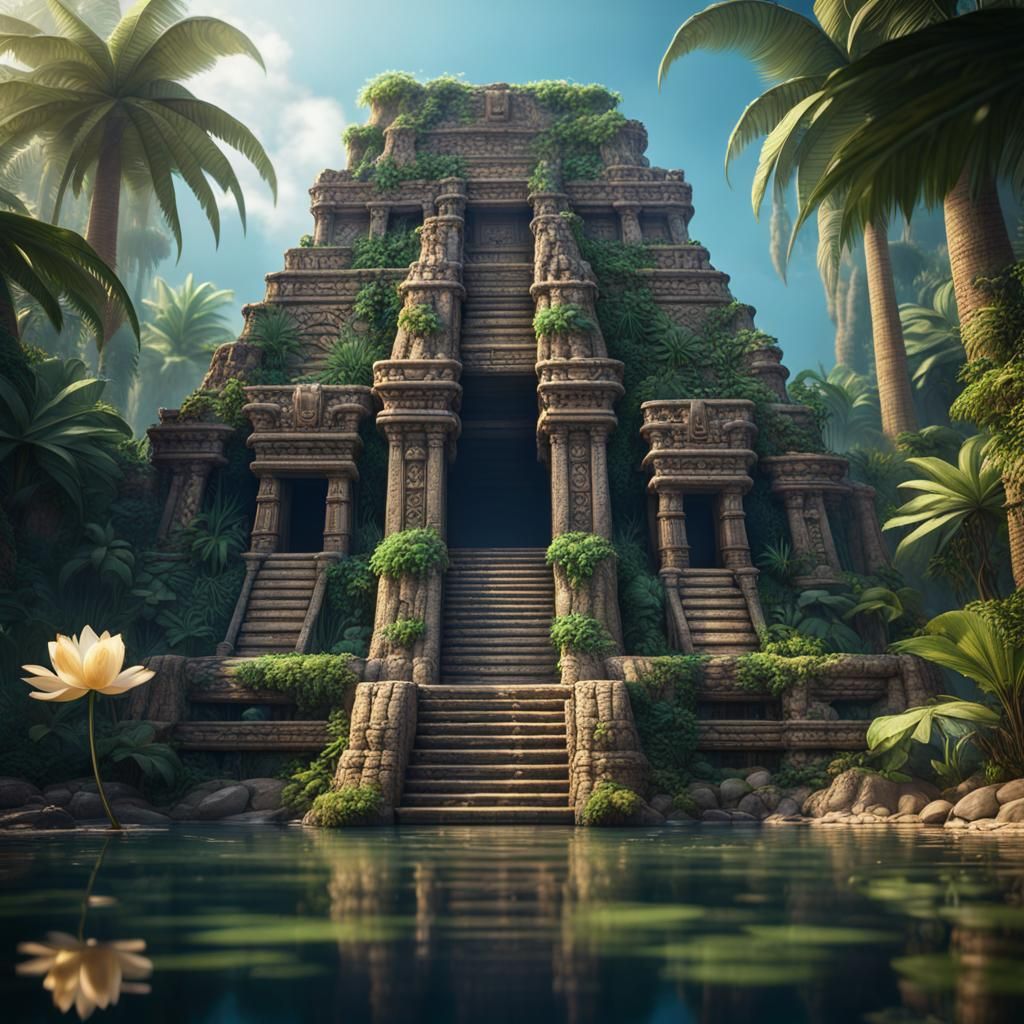 Mayan Temple in Jungle Lagoon: Fantasy Concept Art