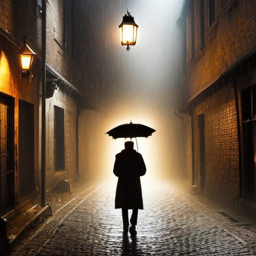 Medieval Alley: Lonely Figure in Rainy, Steampunk Night