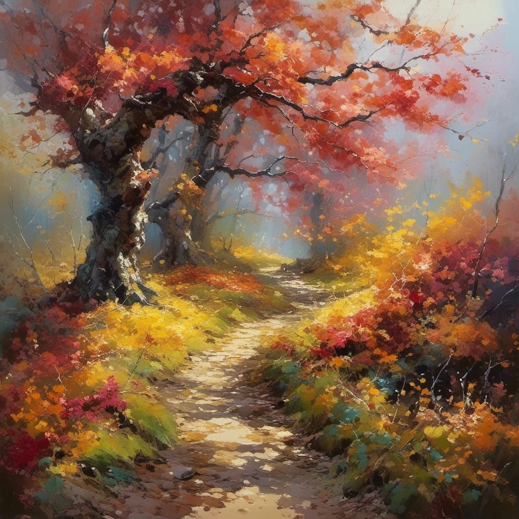 Autumnal Fantasy Tree in Watercolor Style