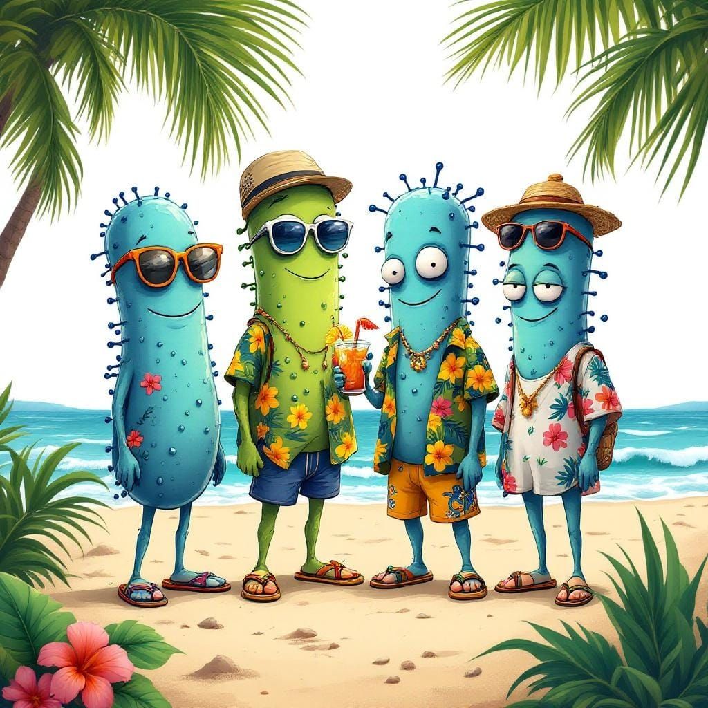 Cartoon Bacteria on Tropical Beach in Whimsical Style