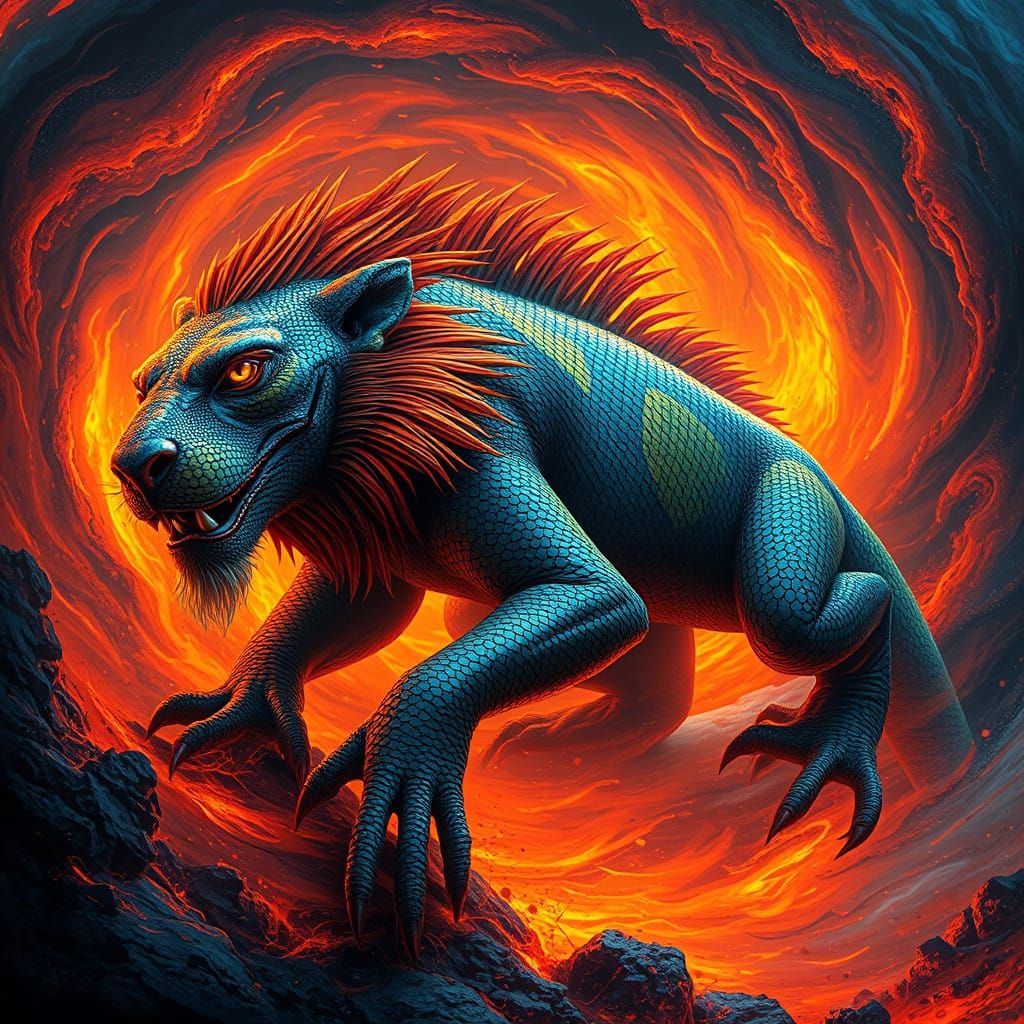 Lion-Lizard Hybrid Born in Volcanic Vortex