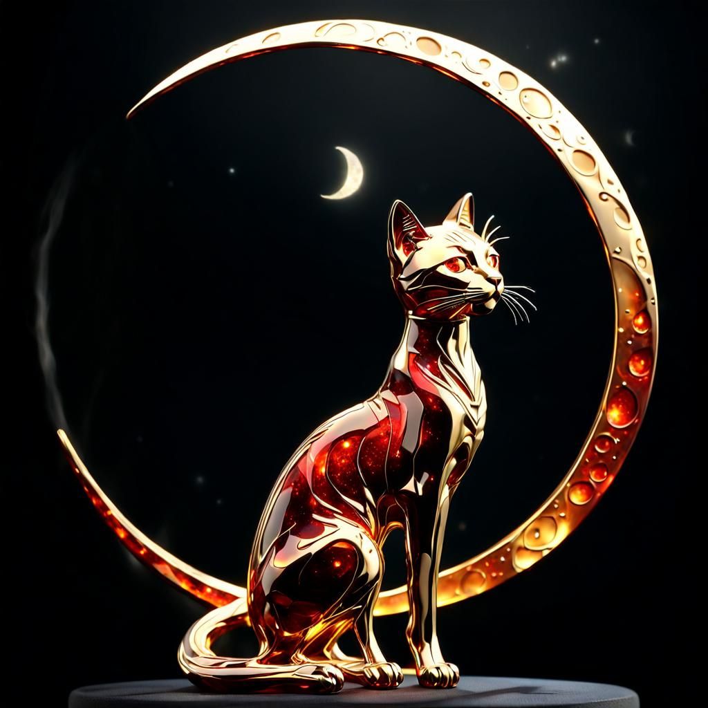 Elegant Cat Sculpture in Red Amber and Gold