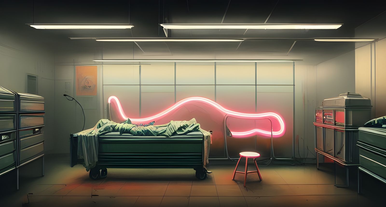 90s Morgue Interior with Neon Lights as Digital Art