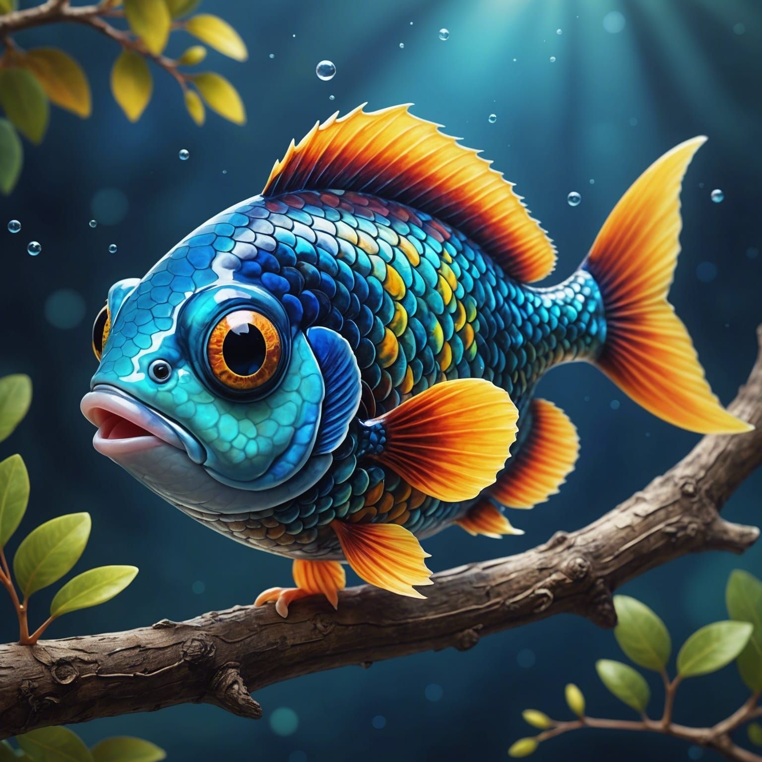 Adorable Colorful Fish on Branch in Digital Art