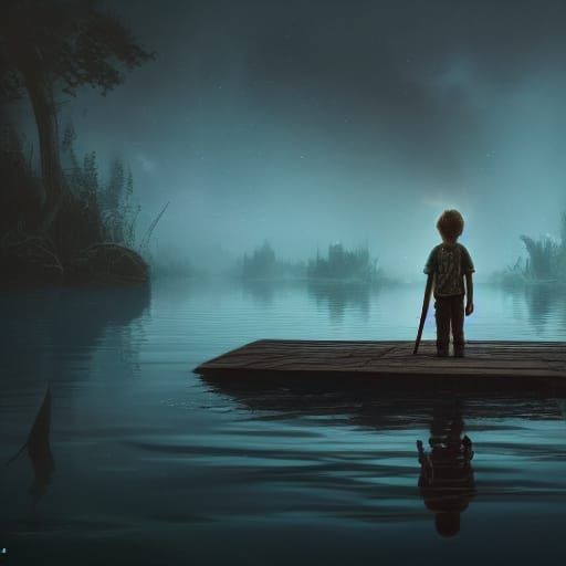 Boy Sinking in Dark Lake: Fantasy Concept Art