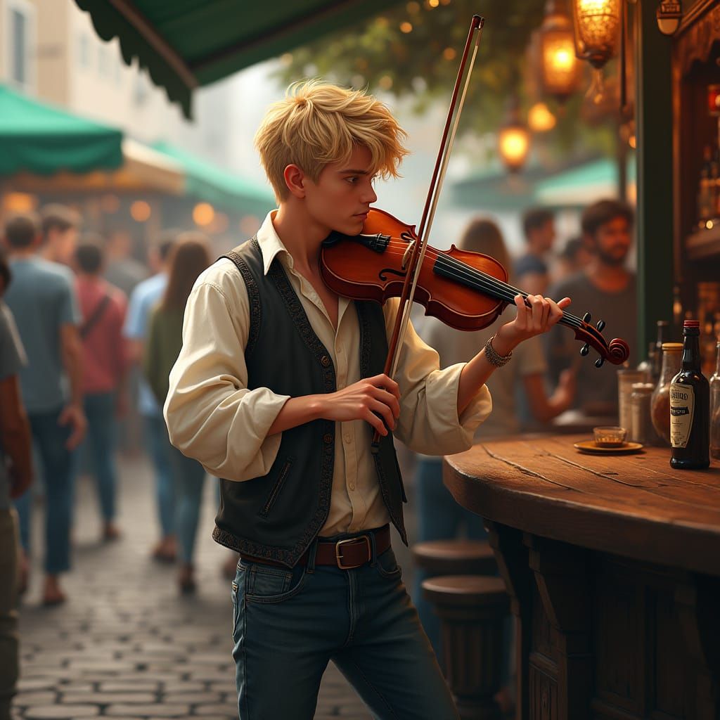 Hyperrealistic Blond Man Plays Violin in Irish Market