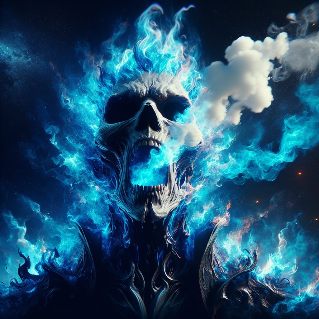 Hyperrealistic Hades Double Exposure with Blue Flames