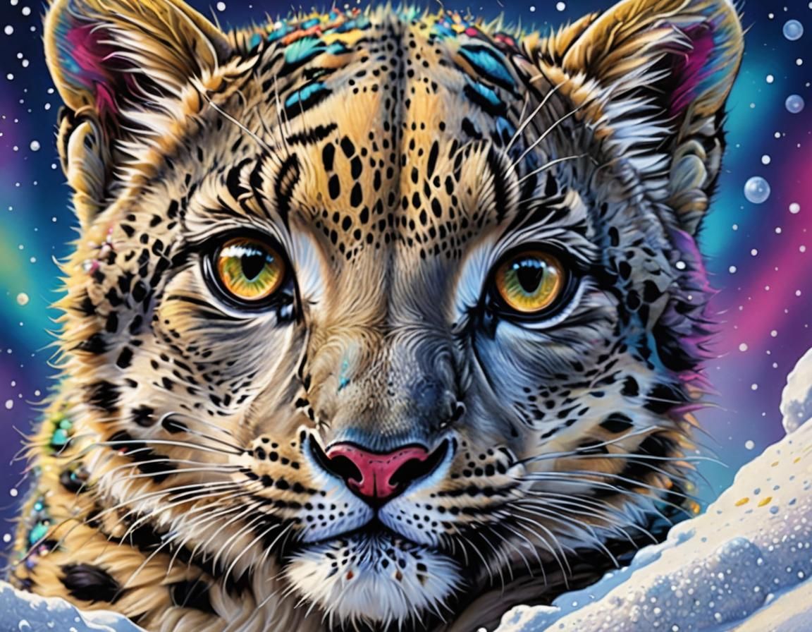 Colorful Snow Leopard Cub Inspired by Lisa Frank