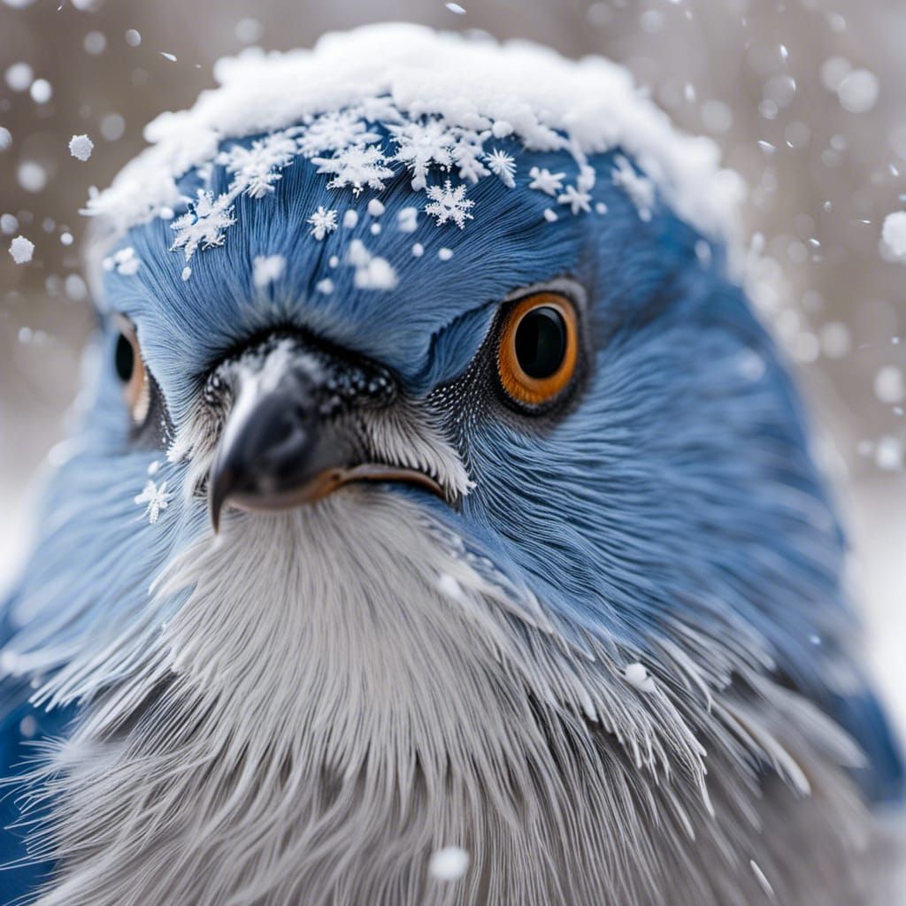 Blue Bird Portrait in Fluffy White Snow