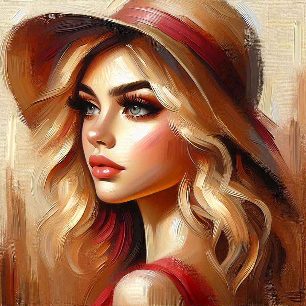 Blonde Woman in Red Dress: Soft Oil Painting