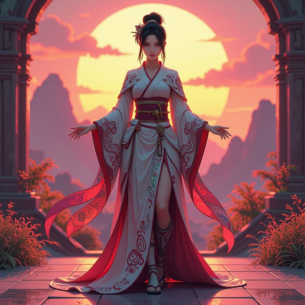 Heroic Anime Woman in Vibrant Environment