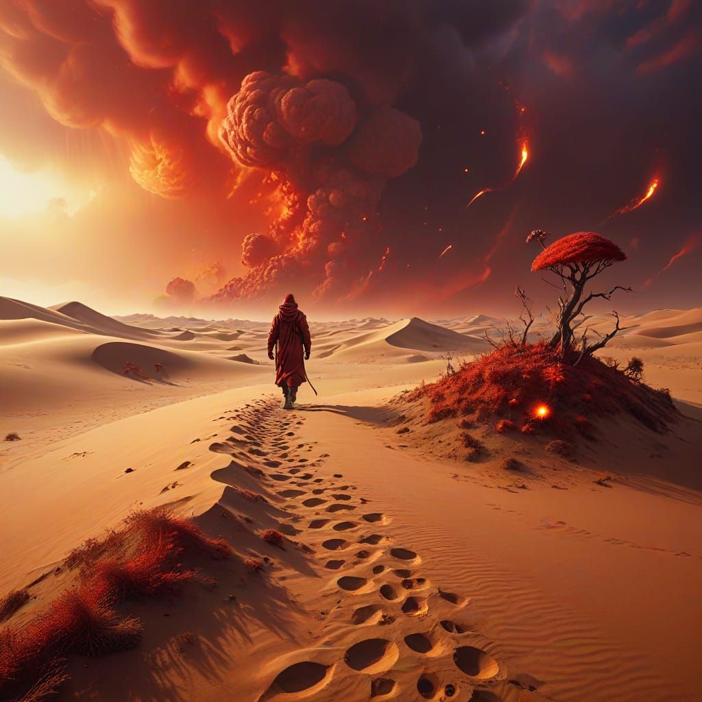 Surreal Sand Dunes with Floating Objects in Oil Painting