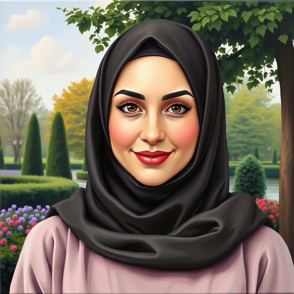 Elegant Hijabi Woman in Garden Oil Painting