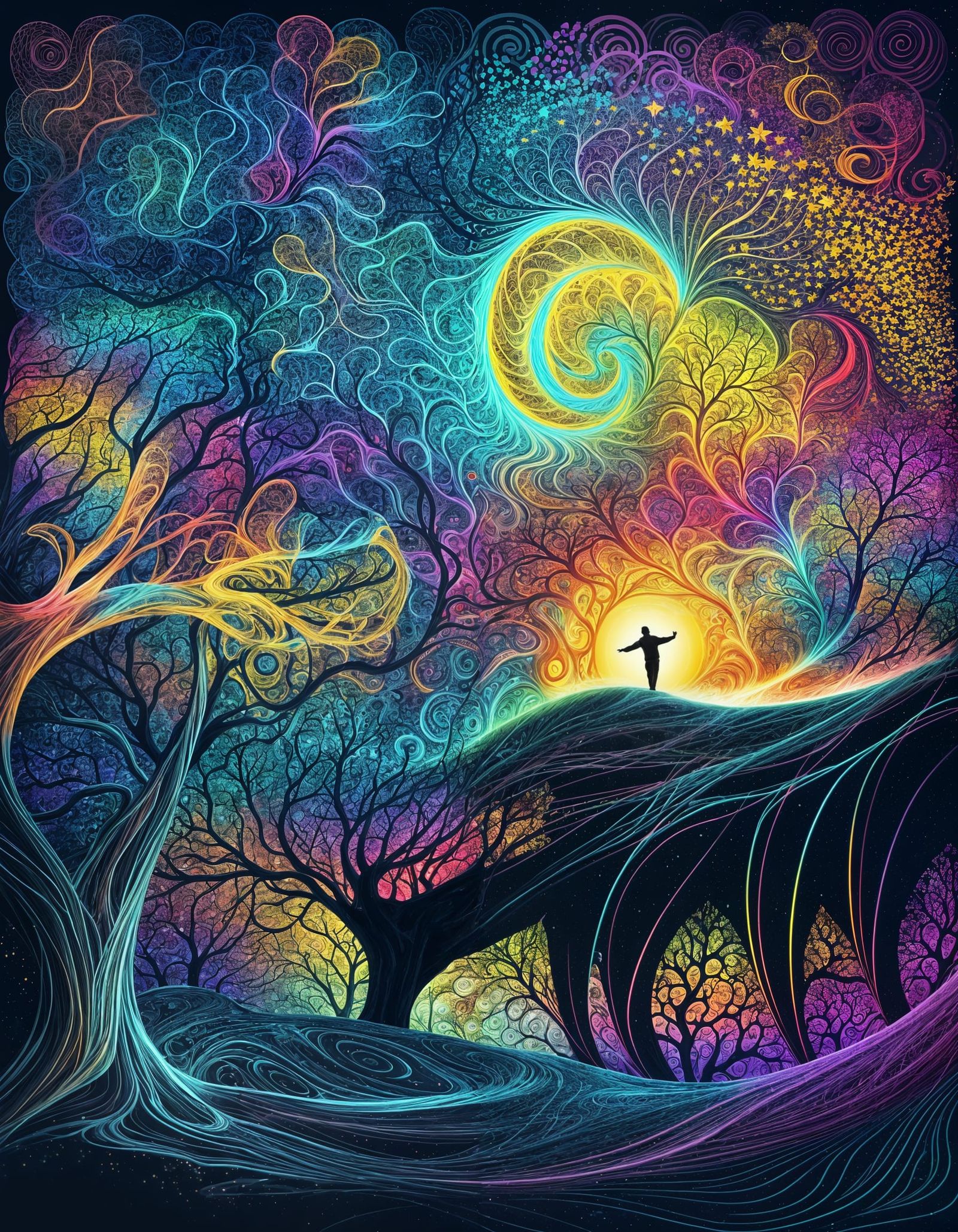 Surreal Man Under Colorful Fractal Tree