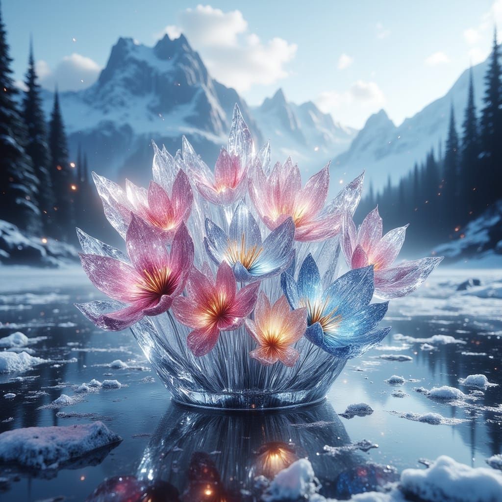 Glass Flower Bouquet on Icy River