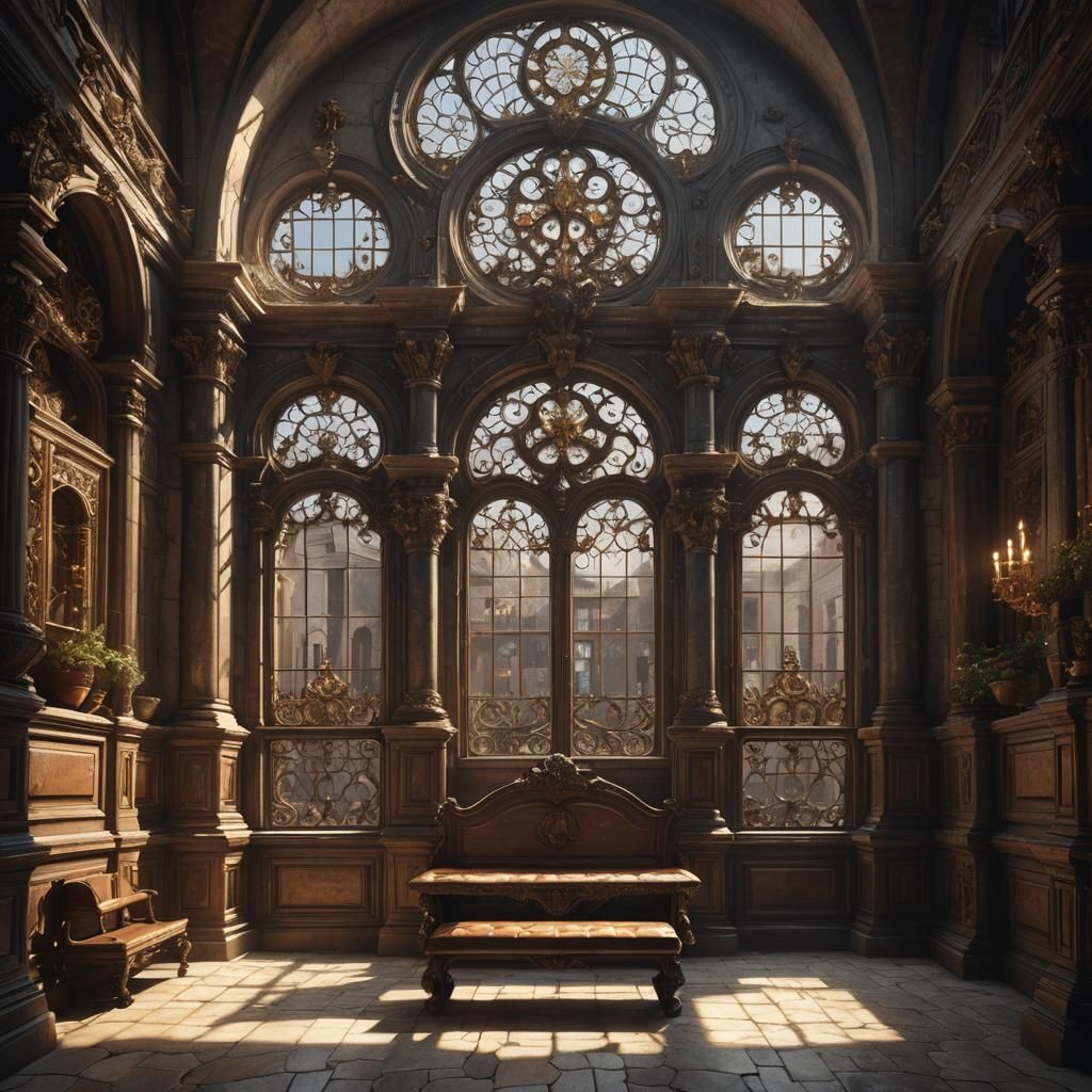 Baroque Palace Interior with Sunlight in Dark Fantasy Style