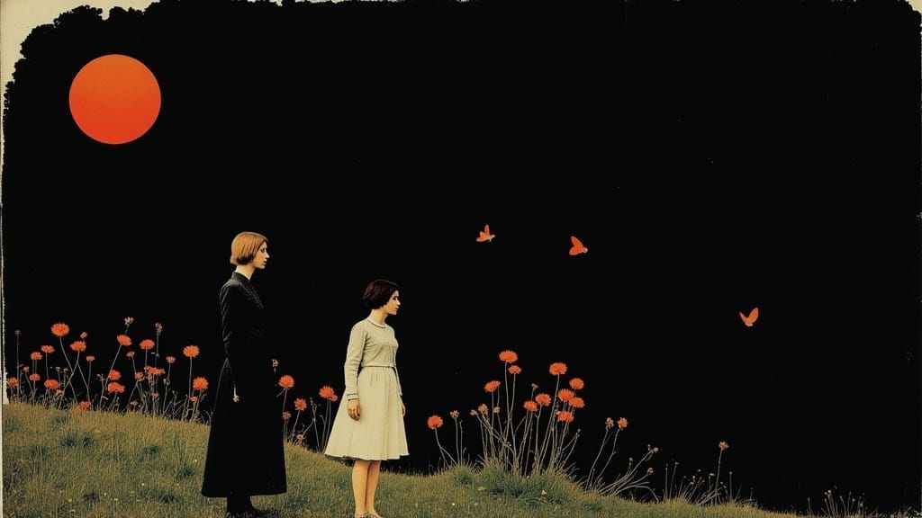 Midnight Bloom of Dual Existence in a Whimsical Countryside