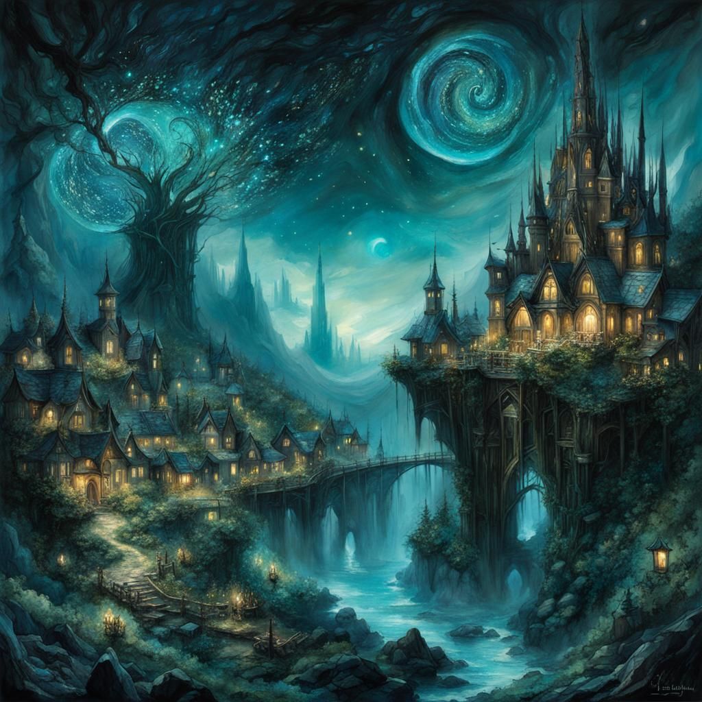 Bioluminescent Elven Kingdom: Watercolor Fantasy Landscape