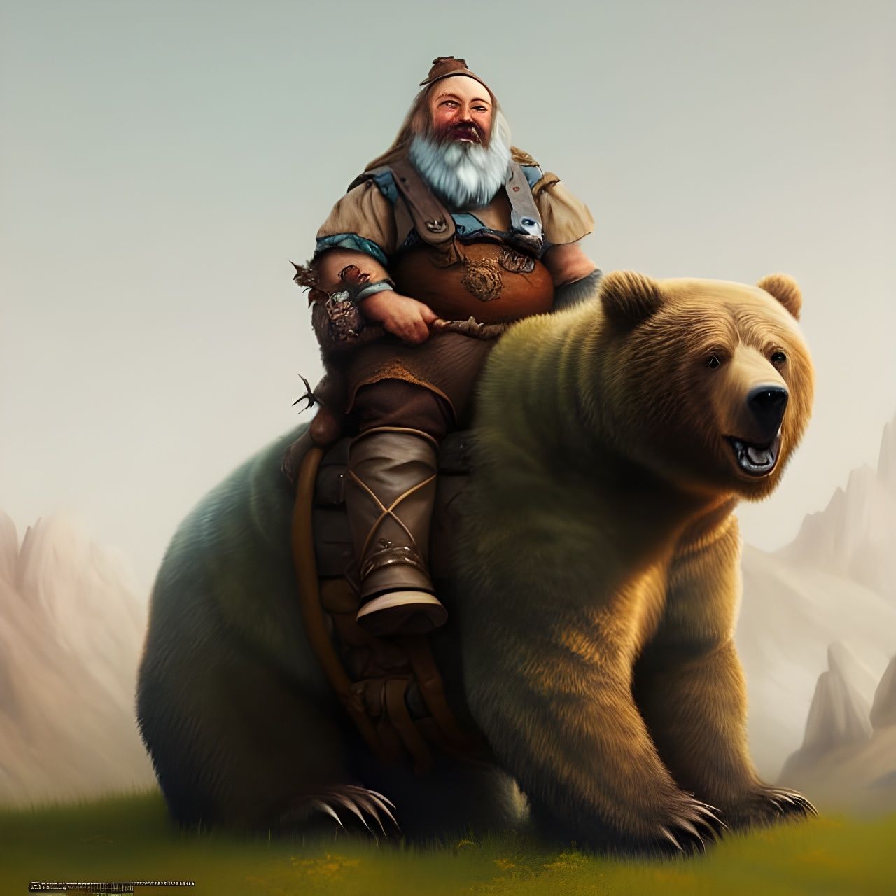 Dwarf on Grizzly Bear in High Fantasy Oil Painting