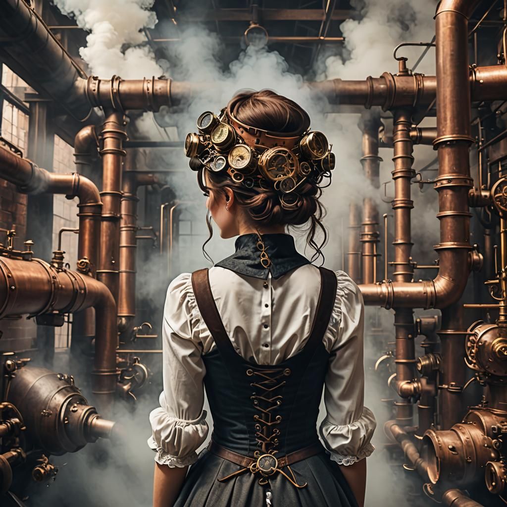 Steampunk Woman in Smoky Industrial Scene