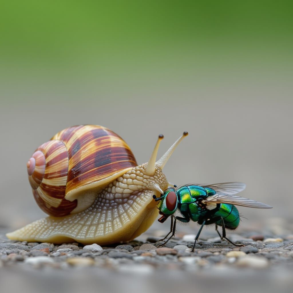 Curious Snail Investigates a Fly's Demise
