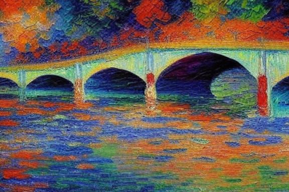 Impressionistic Bridge Painting with Thick Texture