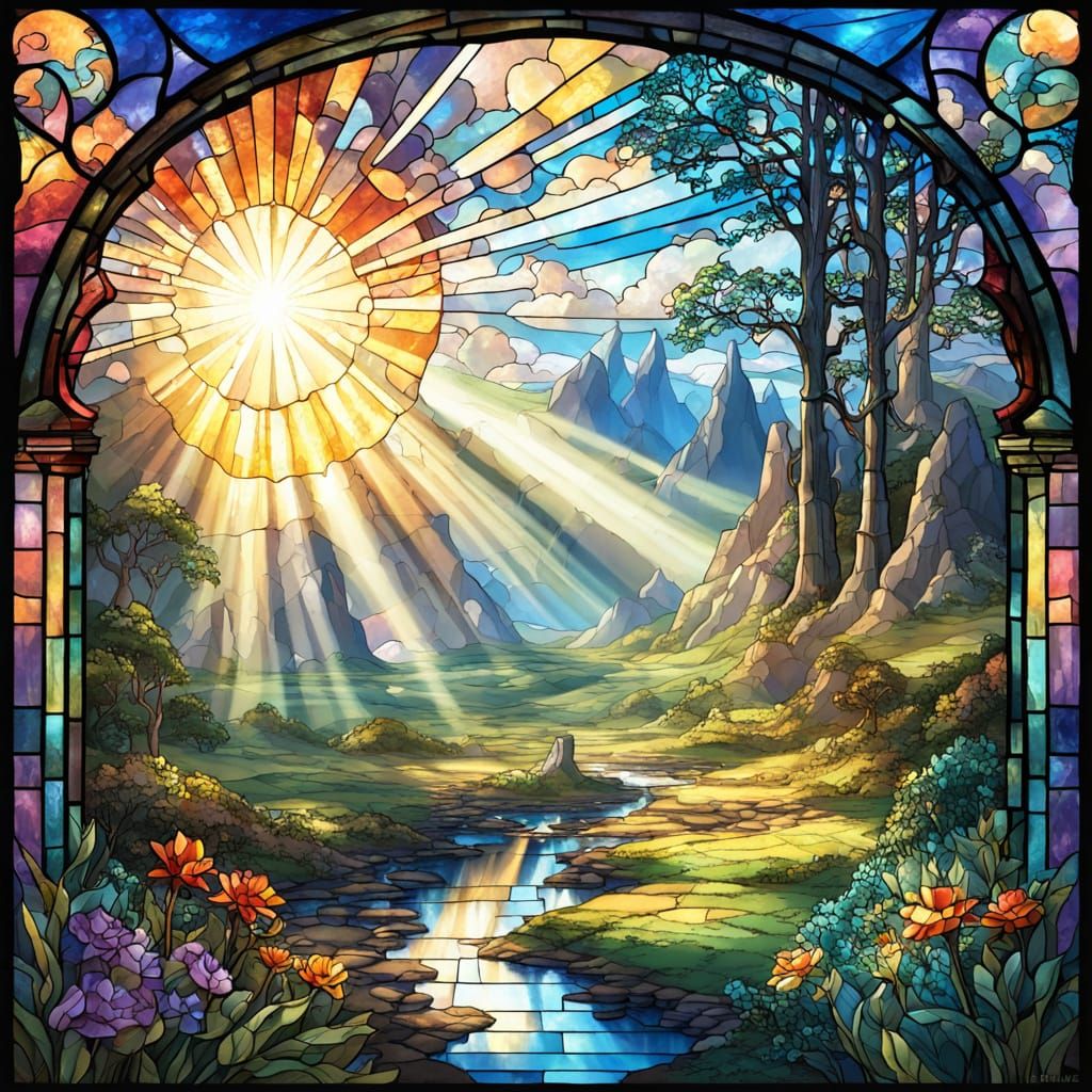 Whimsical Fantasy Landscape with Sunbeams and Stained Glass