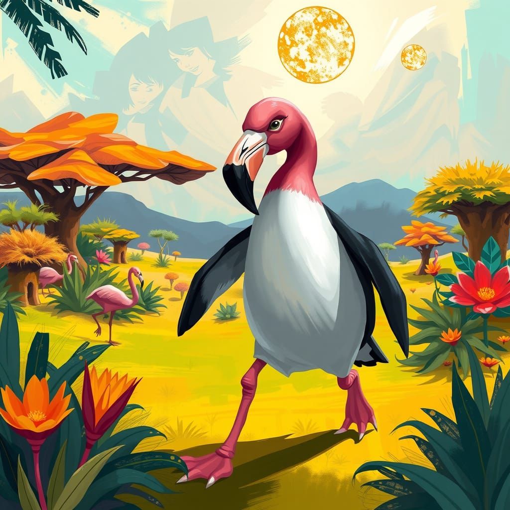 Flamingo Penguin Hybrid on Colorful Savannah
