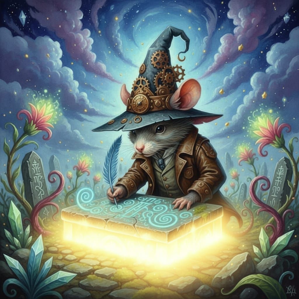 Steampunk Mouse Traces Glowing Runes in Mystical Sky