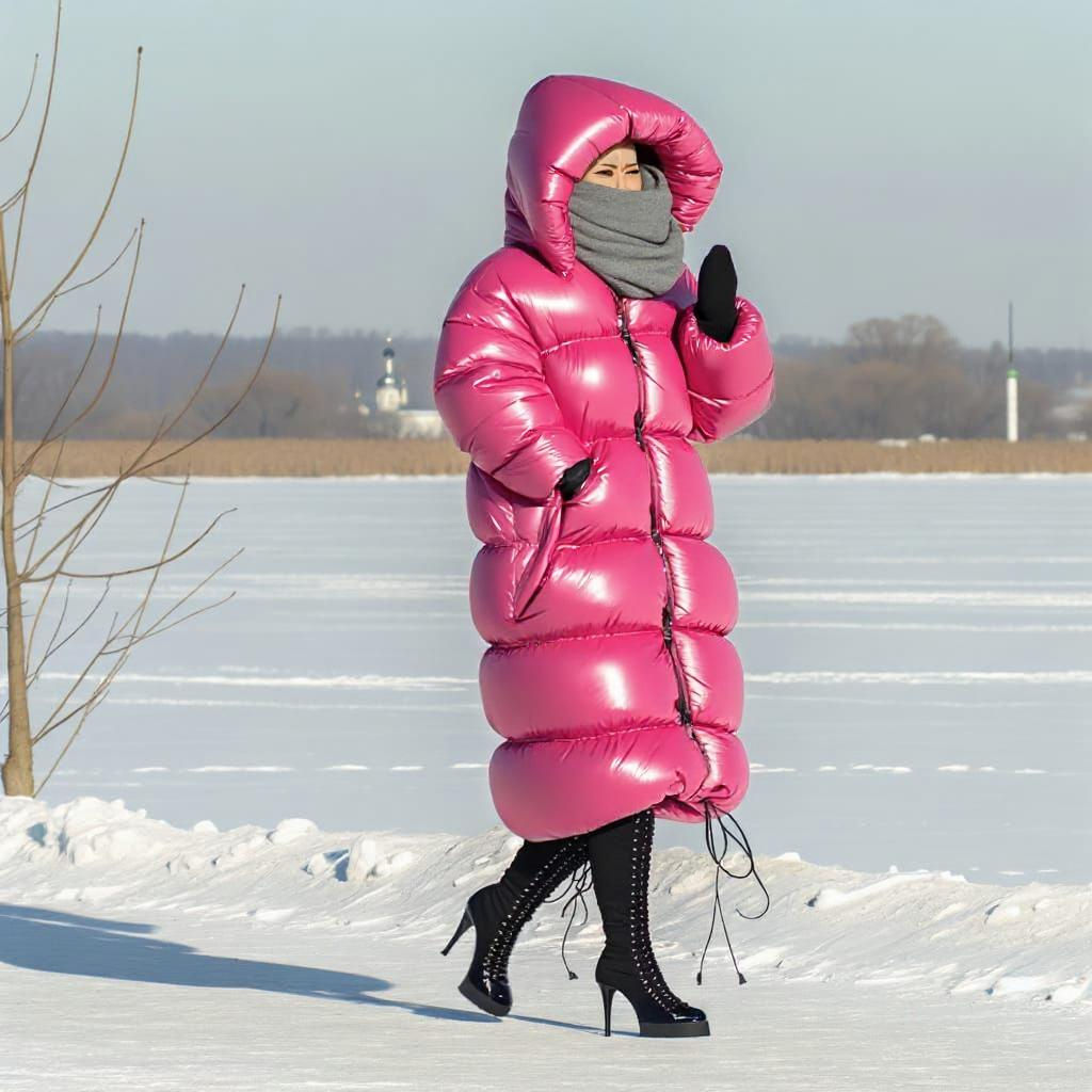 Woman in Shiny Down Clothing Walks on Winter Day