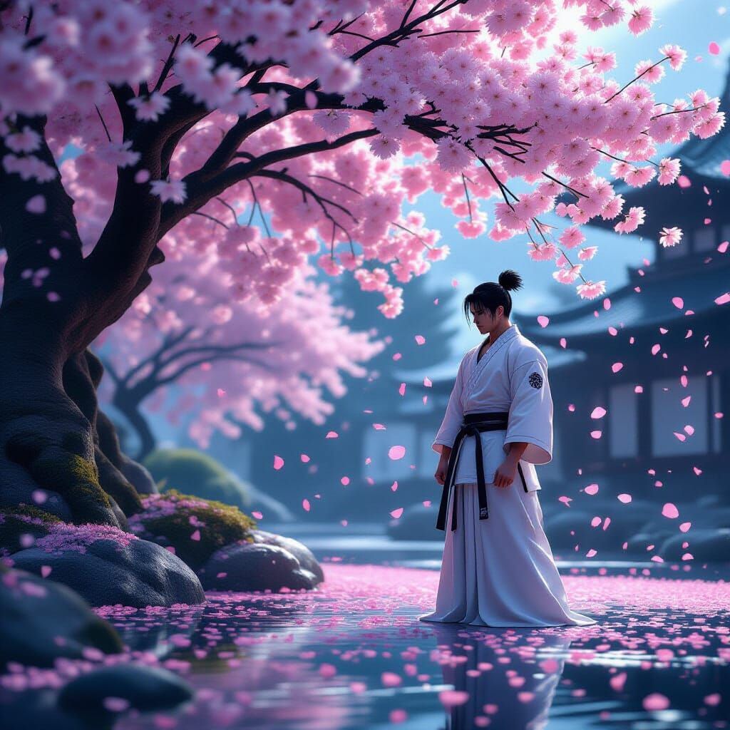 Jin Kazama Meditates Under Cherry Blossoms
