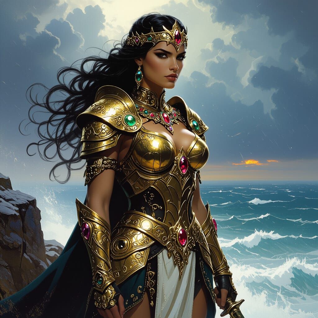 Warrior Queen in Golden Armor on Windswept Cliff