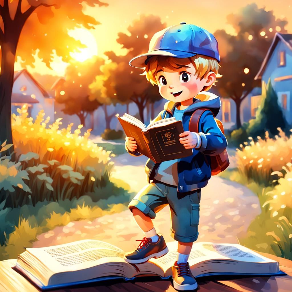 Boy Dancing with Book: 3D Watercolor Golden Hour