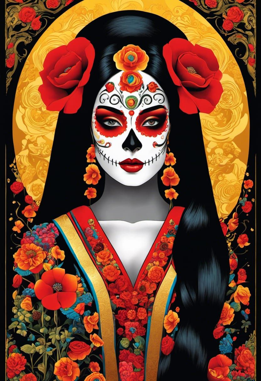 Mexican Geisha with Klimt Background in Gothic Style